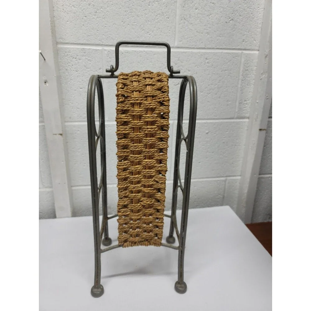 vtg Wrought Iron woven wicker rattan tabletop 3 Wine bottle Rack Holder Caddy
